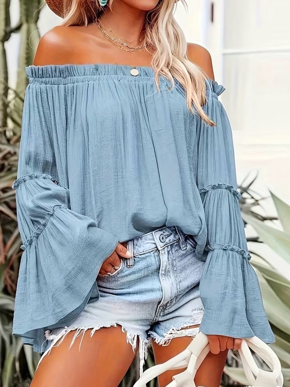 💝HOST PICK💝Light Blue Off-Shoulder Boho Top